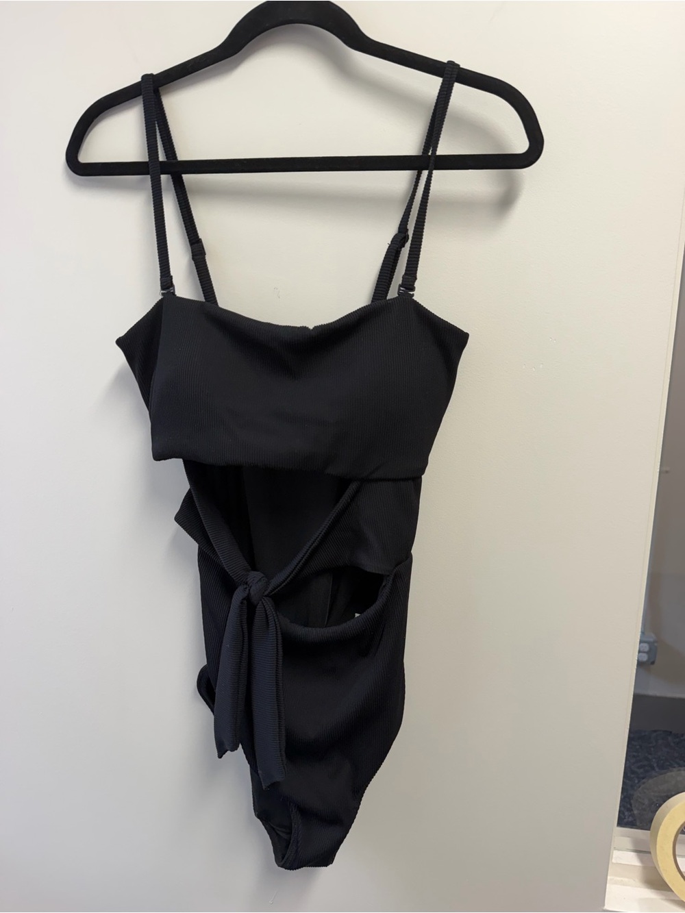 Aerie Black Ribbed Tie-Front One-Piece Bodysuit, Adjustable Straps, L